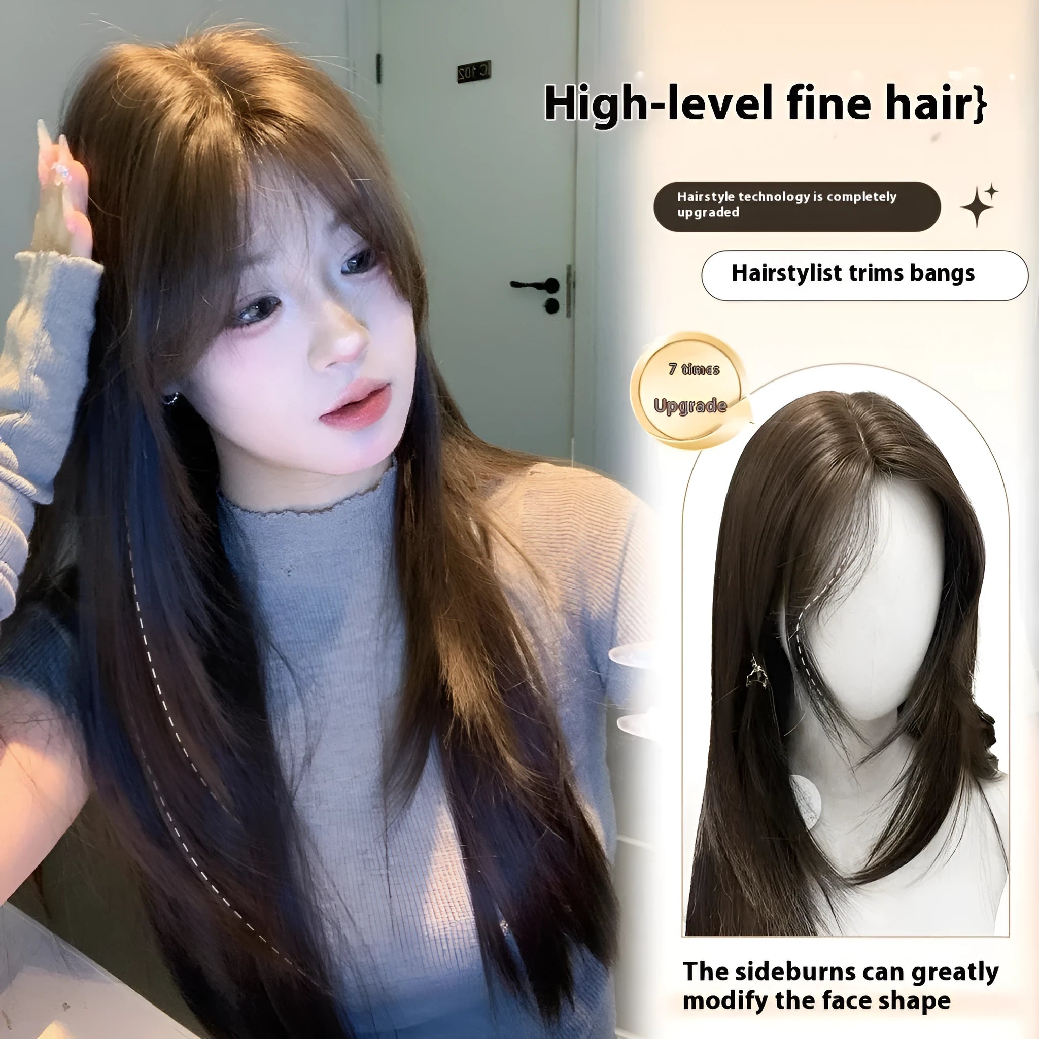 Cold brown layered long straight women's full-head wig with natural styling