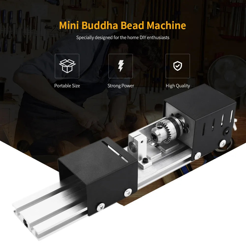 Mini manual woodworking lathe in silver metal finish with 140mm processing capacity