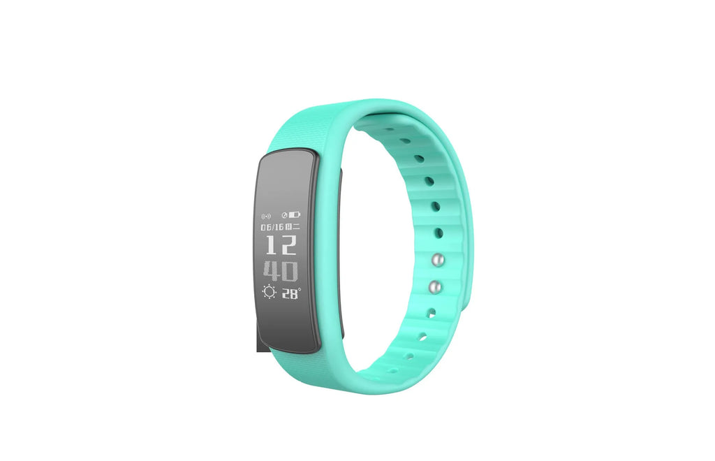 I6 smart sports bracelet with 0.96-inch touch screen on wrist showing fitness metrics