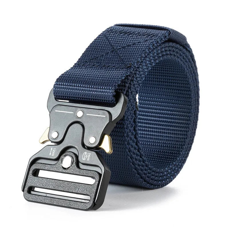 Men's tactical canvas belt with alloy release buckle in five colour options showing 120cm length