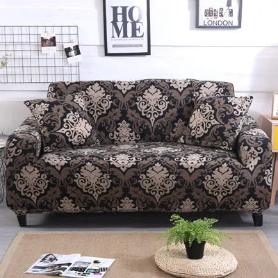 Printed geometric abstract stretch sofa slipcover fitted on a double-seater sofa.