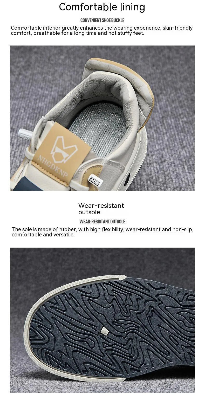Men's beige low-top casual sneakers with an elastic band and leather stitching detail.