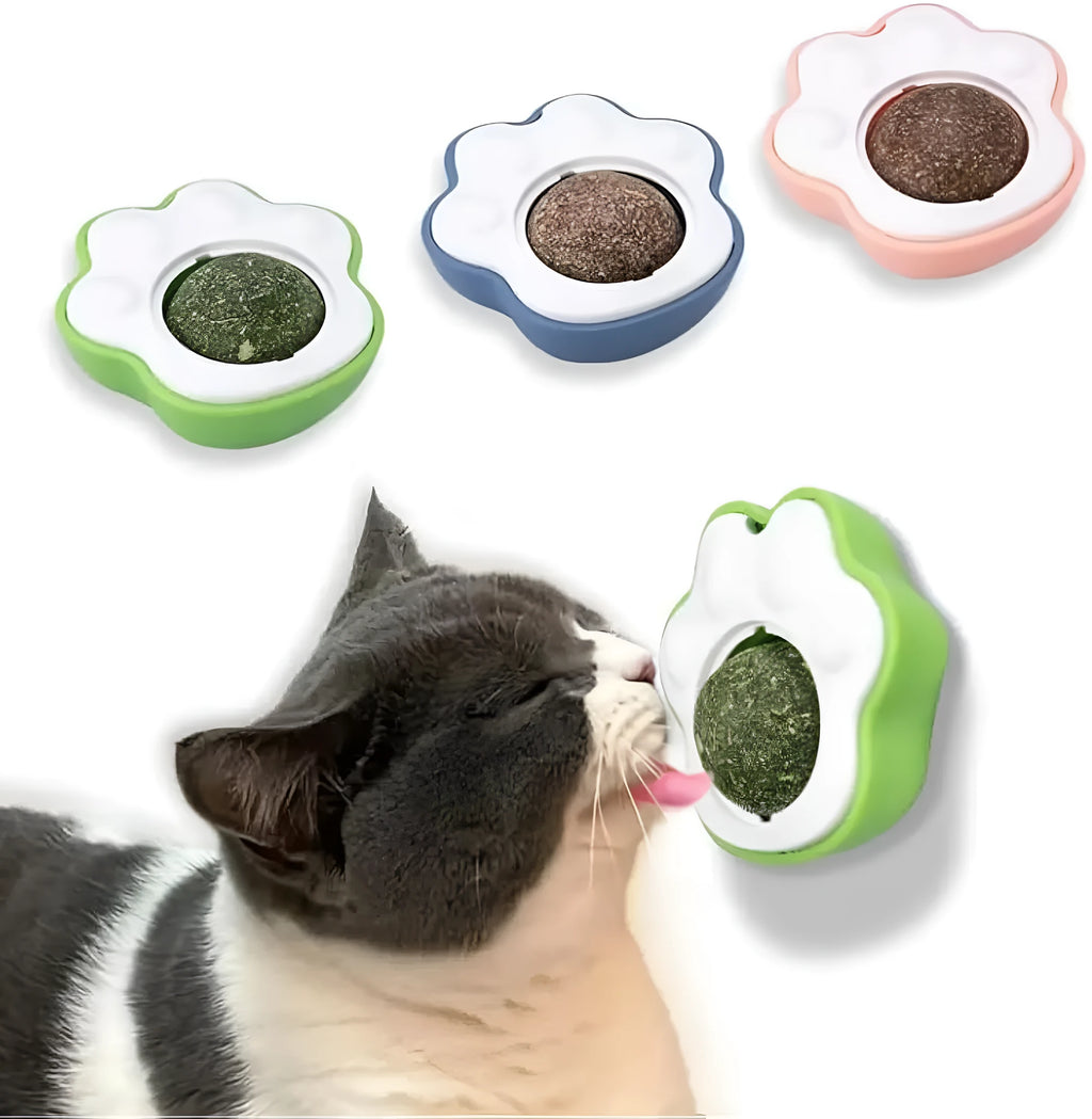Blue, green and pink edible catnip balls with vine cat lick toys for feline dental care