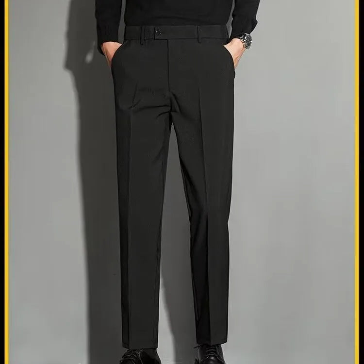 Men's straight leg suit trousers in chemical fibre blend with spring draping effect, shown in apricot colour