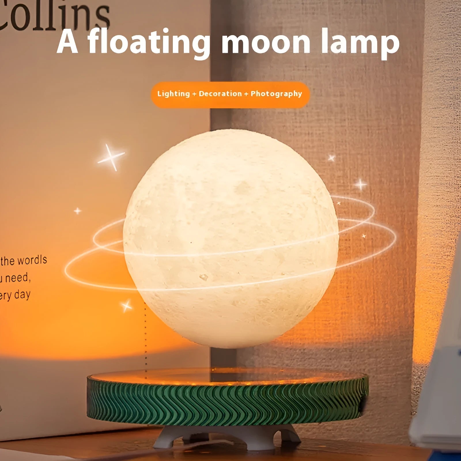 Magnetic suspension moon lamp with floating 3D-printed planet ornament