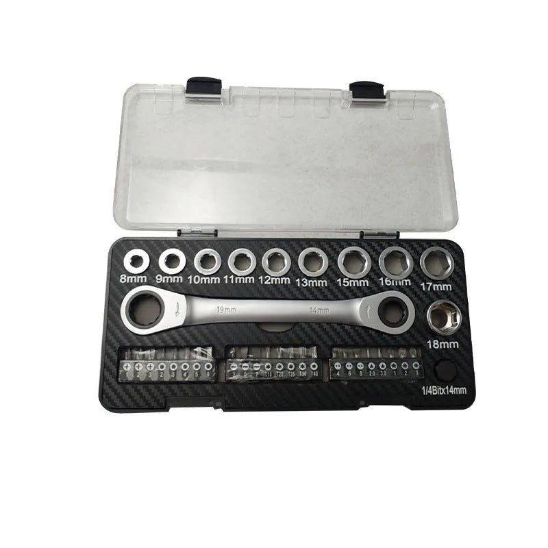 Dual-purpose ratchet wrench set with two-way mechanism, 10 sockets, and 3 batch heads on a workbench