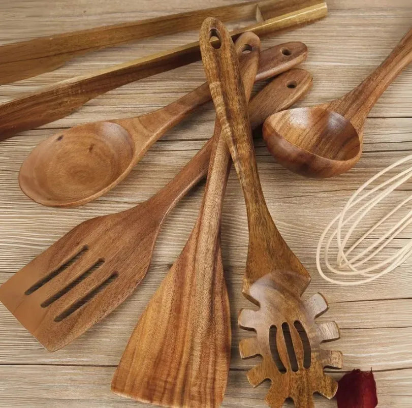 Seven-piece wooden cooking utensil set with natural finish for non-stick pans