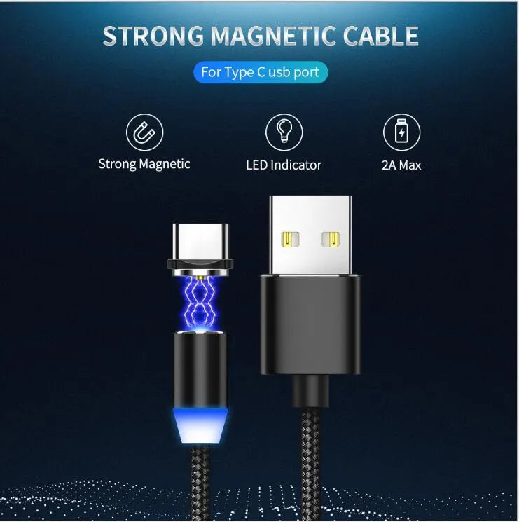 YBD magnetic LED charging cable with aluminium shell in black, showing three connector types and LED light