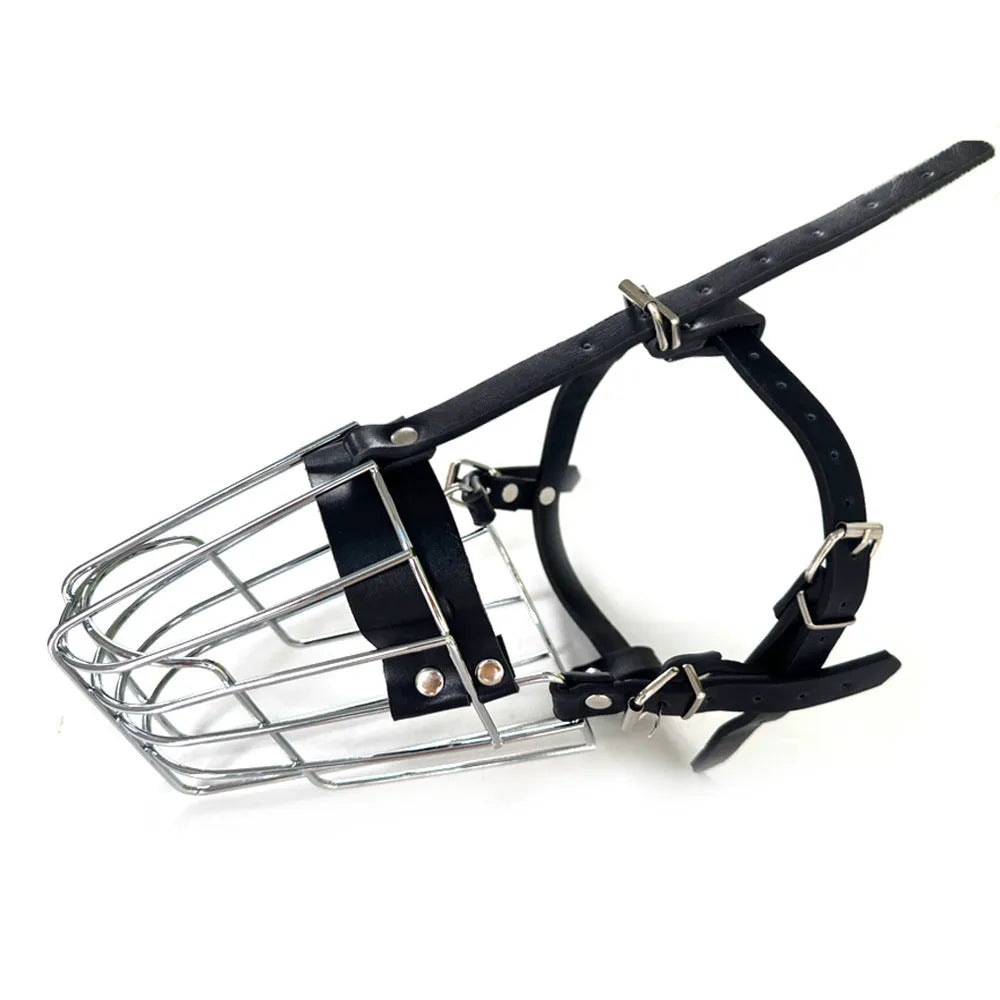 Black metal wire mesh dog muzzle designed for golden retrievers and German shepherds.