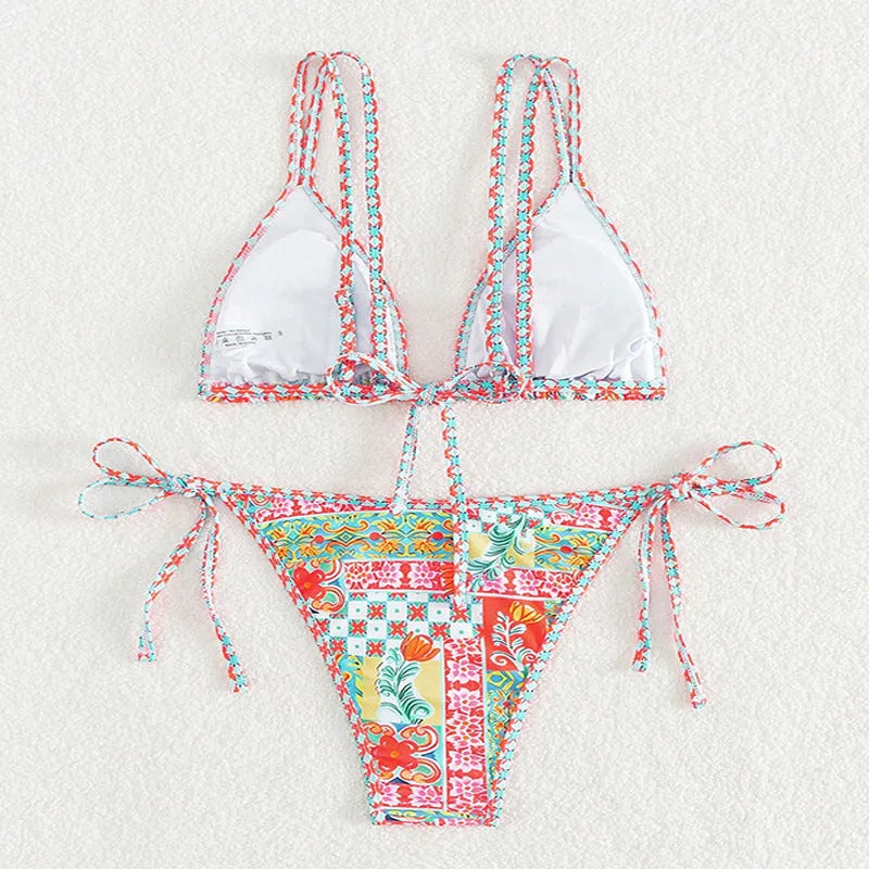Women's lace-up front split swimsuit in European style with backless design for swimming