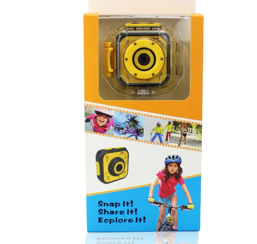 Yellow children's waterproof sports camera showing 1.77-inch LCD screen and compact 60mm design