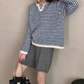 Women's striped cashmere retro sweater with loose fit and plaid patterns