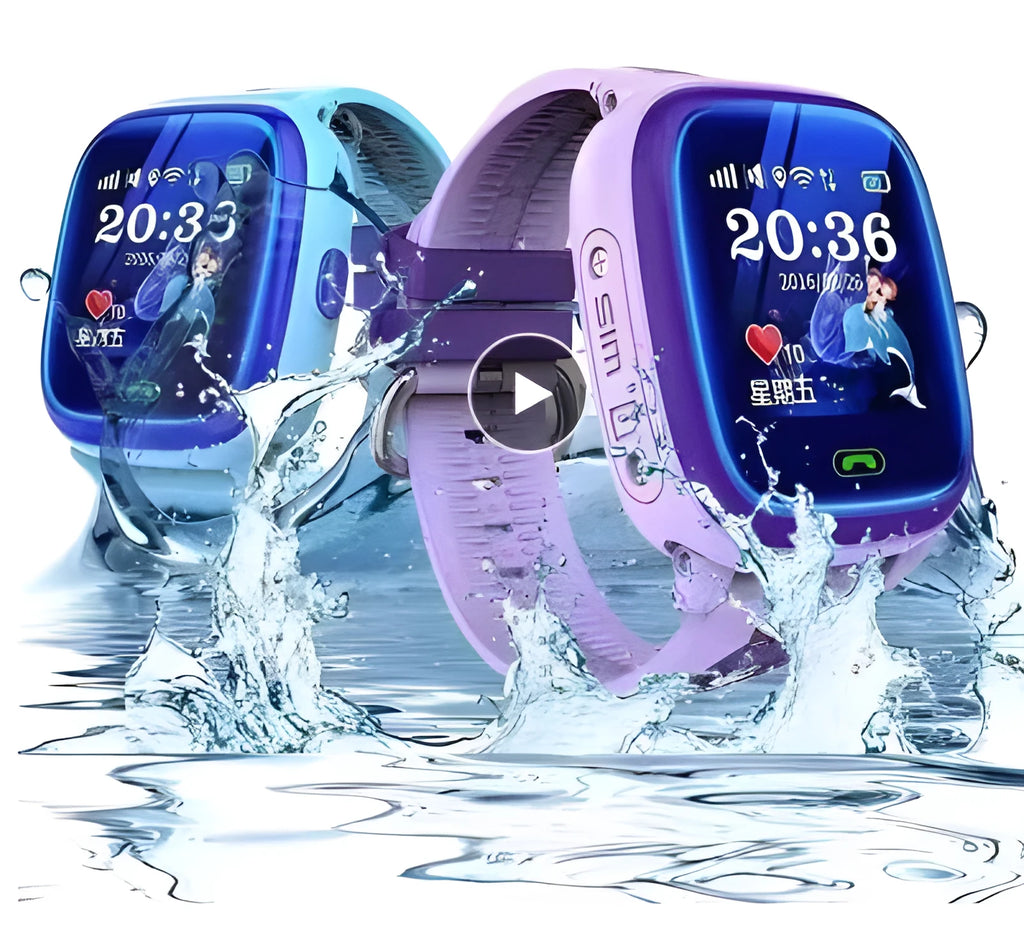 Blue children's waterproof smart watch with a silicone strap and touch screen display.