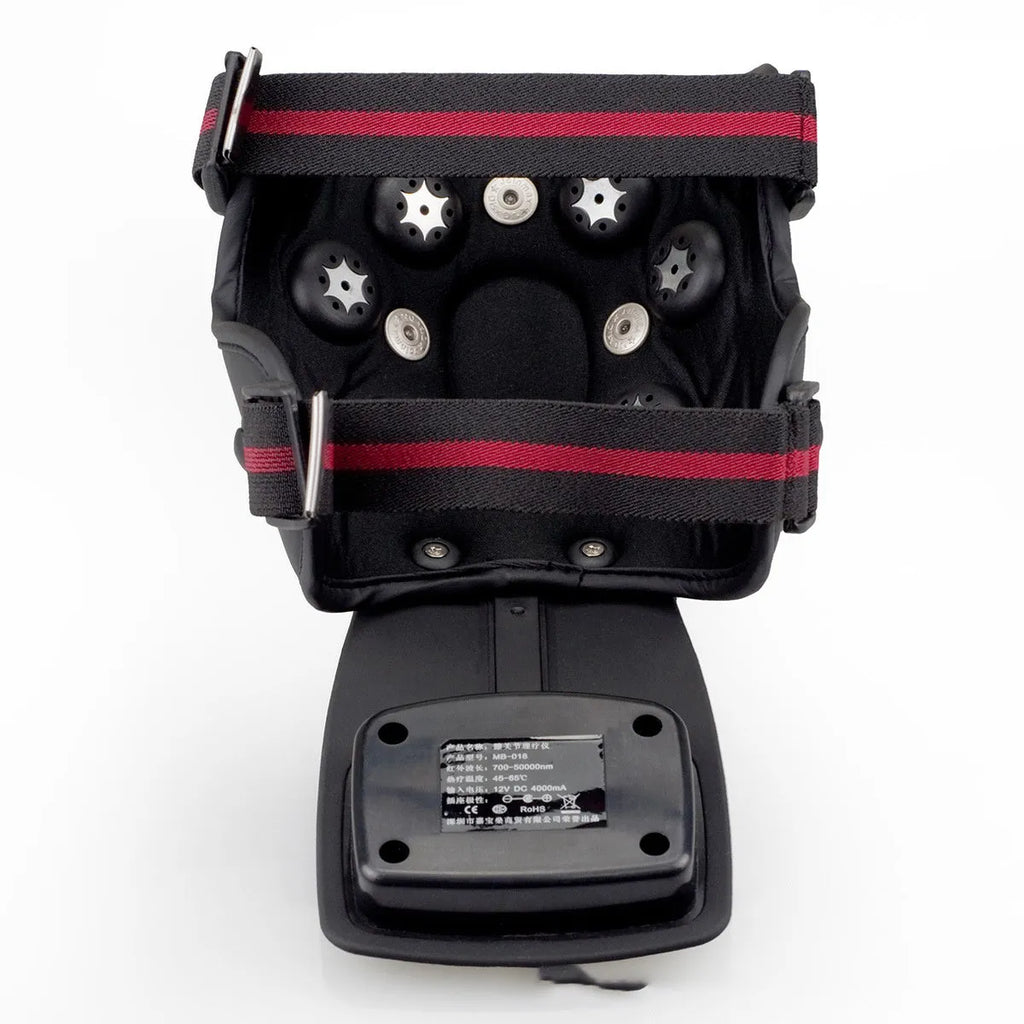 Knee massager unit with infrared heat function, adjustable controls, and included knee and shoulder pads.