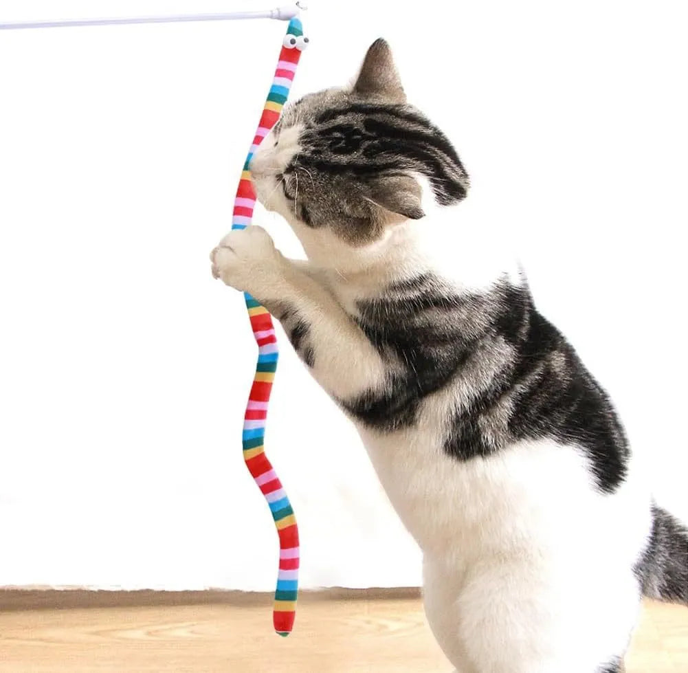 Cat wand toy with polycarbonate pole and colourful plush strip for interactive play