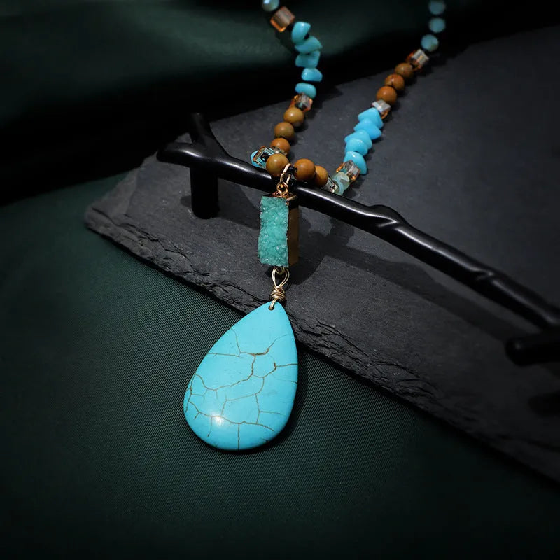 Turquoise blue water drop imitation mineral pendant necklace with ball bead chain, heart and geometric shapes.
