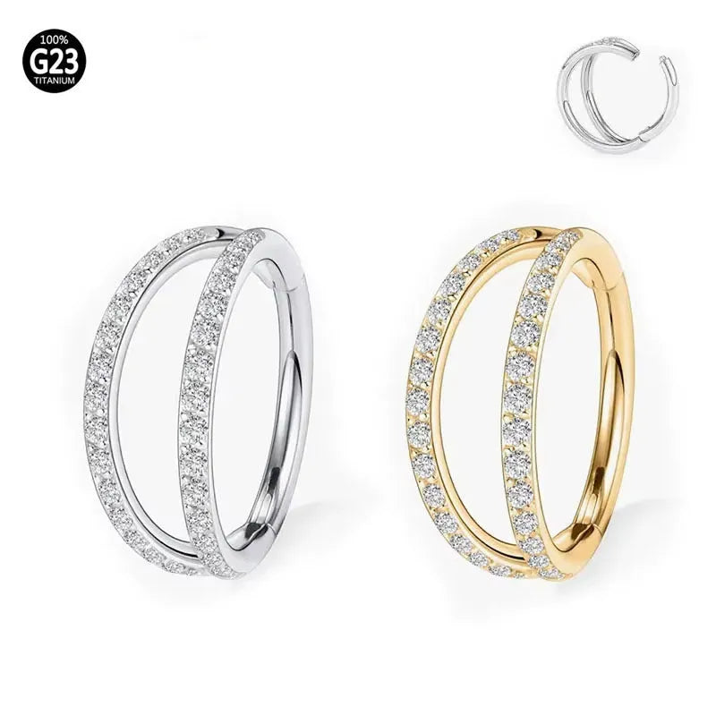 G23 titanium alloy lip and nose ring in gold or steel colour with diamond treatment, showing gauge and length sizes.
