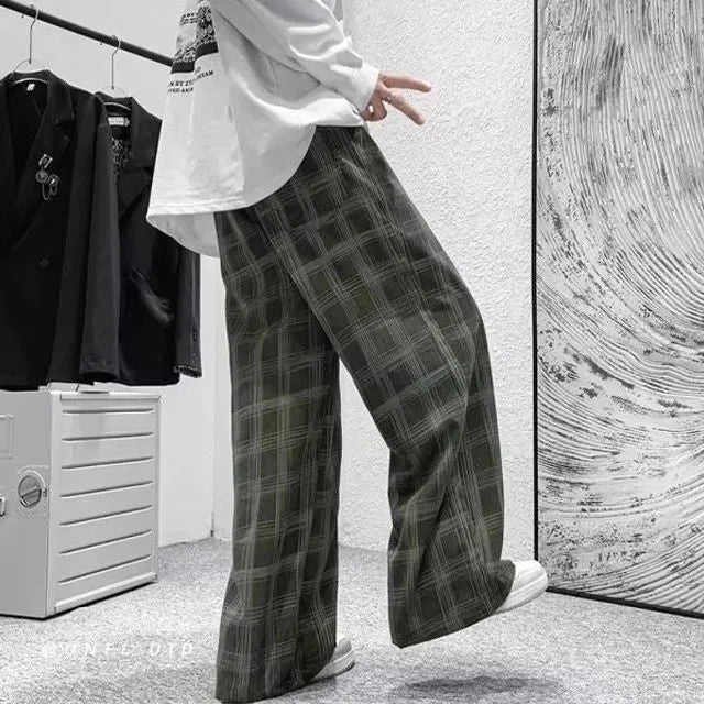 Japanese retro plaid casual trousers in straight-leg silhouette, available in black or green patterns
