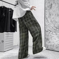 Japanese retro plaid casual trousers in straight-leg silhouette, available in black or green patterns