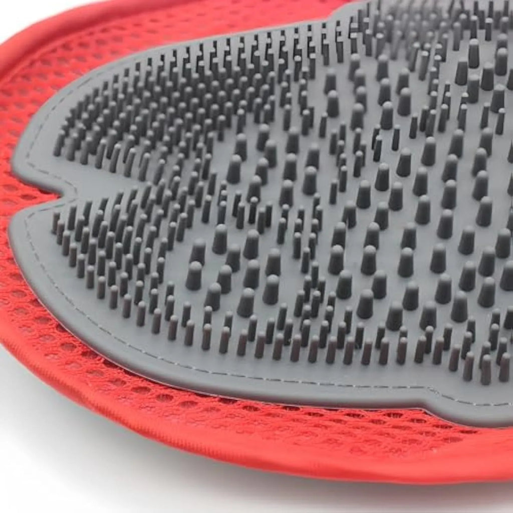 Red pet bathing glove with silicone bristles for grooming and cleaning dogs and cats