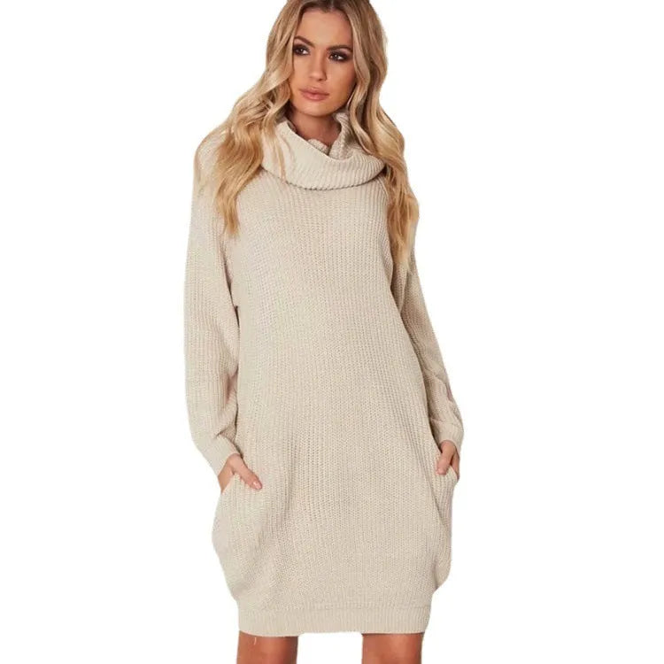 Mid-length apricot pullover sweater with a lapel collar, pocket, and loose slimming fit.