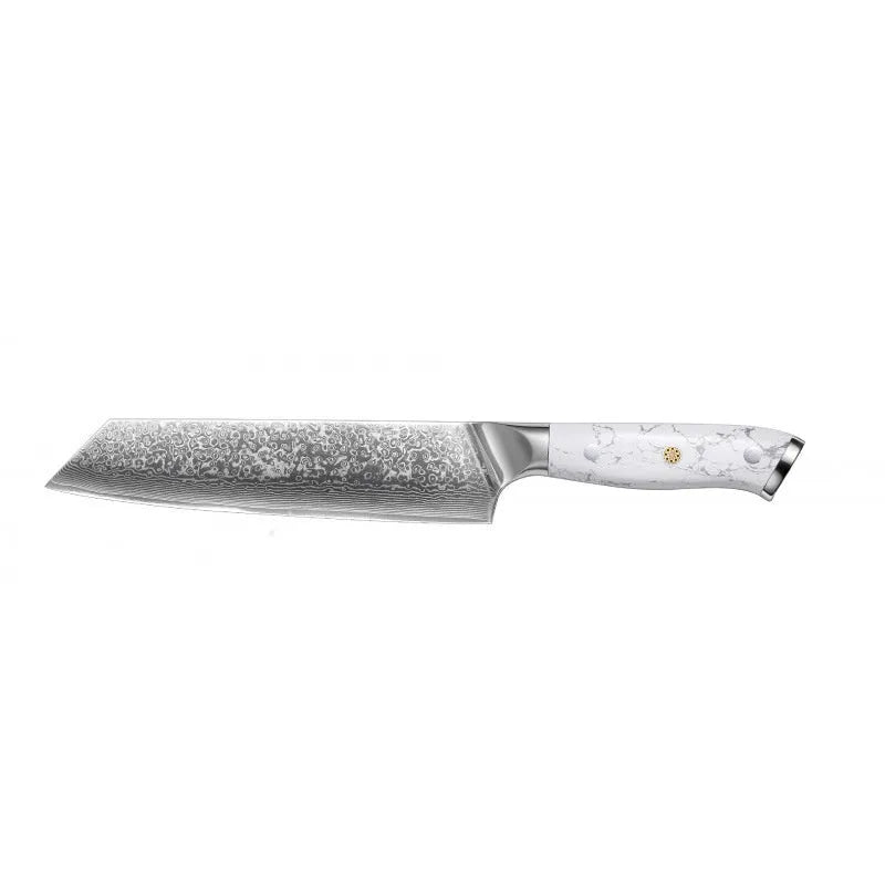 Damascus pattern chef's knife with 21cm VG10 steel blade and 11cm handle on a kitchen counter.