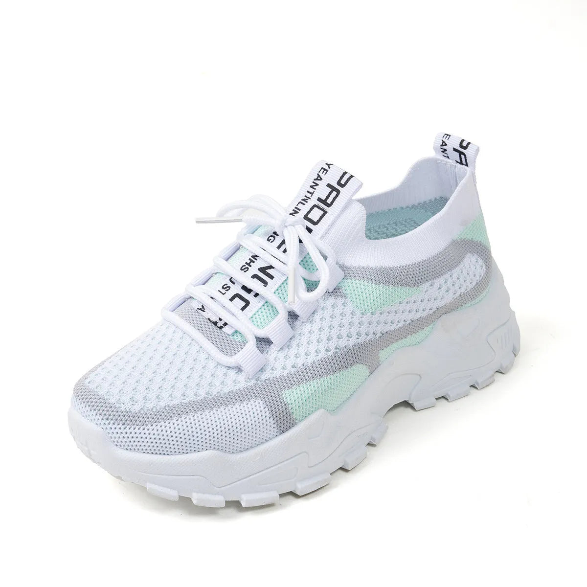 Women's Flyknit mesh lace-up sneakers in a grey colourway, showing the breathable upper and rubber sole.