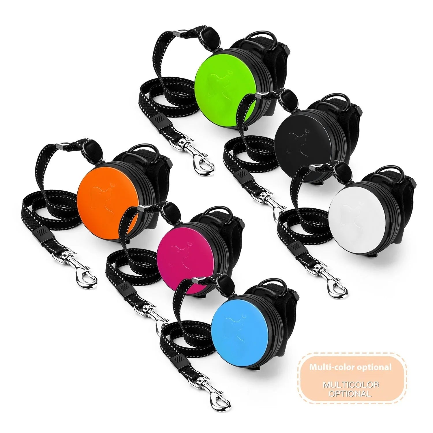 Automatic retractable dog leash showing pet holding hands design and 3 metre nylon cord