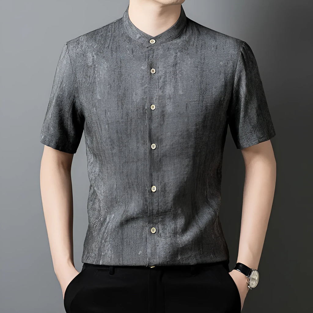 Men's loose grey cardigan shirt with stand collar and short sleeves on a hanger