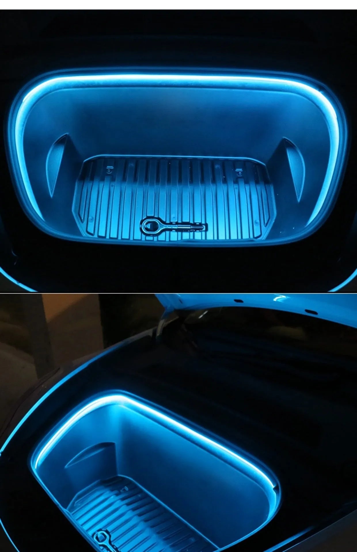 Tesla Model 3 and Y front backup box ambience light kit with soft silicone light bar in three colour options.
