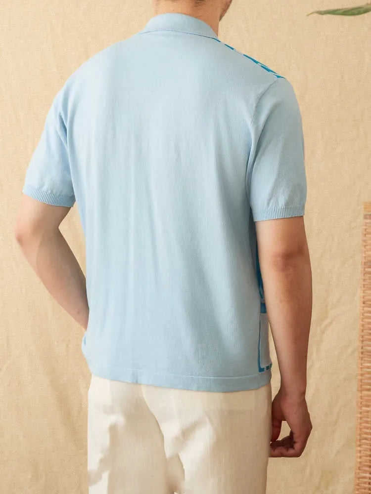 Cotton striped short-sleeve cardigan polo shirt with lapel collar in light blue colour