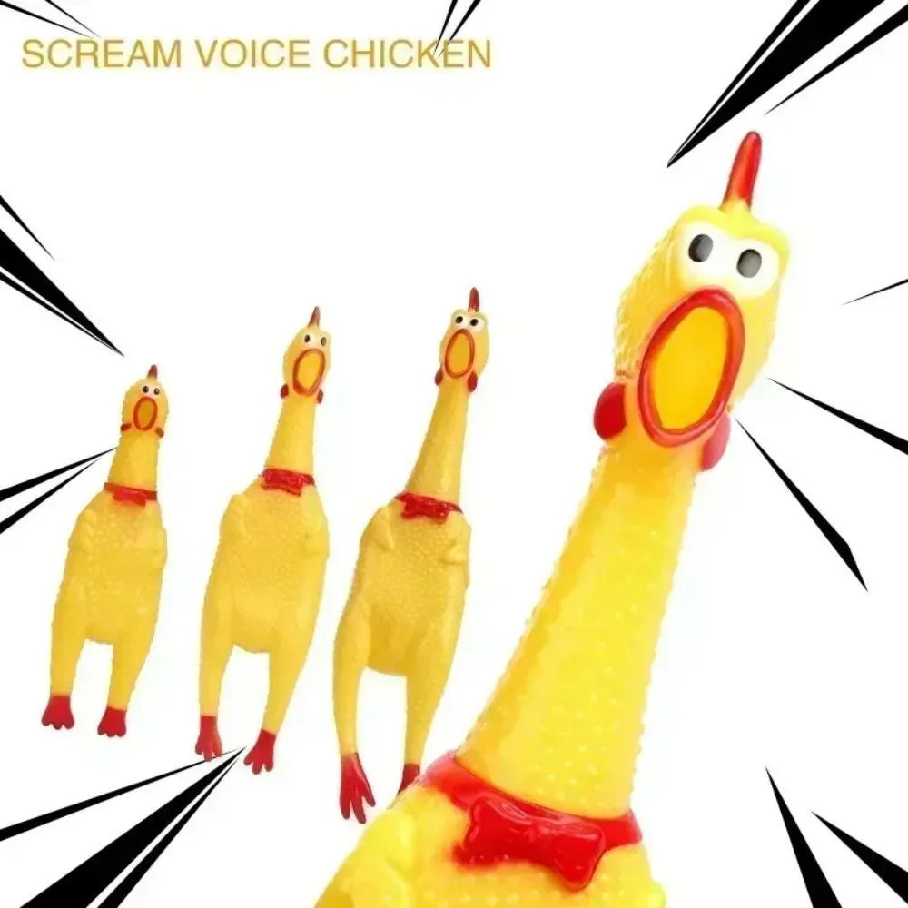 Yellow rubber screaming chicken dog chew toy with squeaker, shown in small, medium and large sizes.