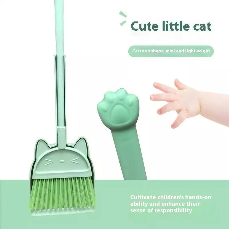 Purple, green, or beige plastic broom and dustpan set with non-stick rotating head and brush holder