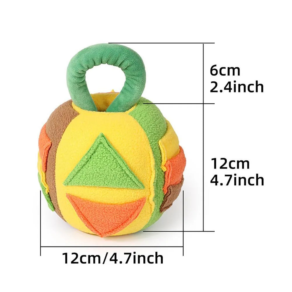 Green and pink polyester squeaky plush ball dog toy with treat pockets for small to medium dogs