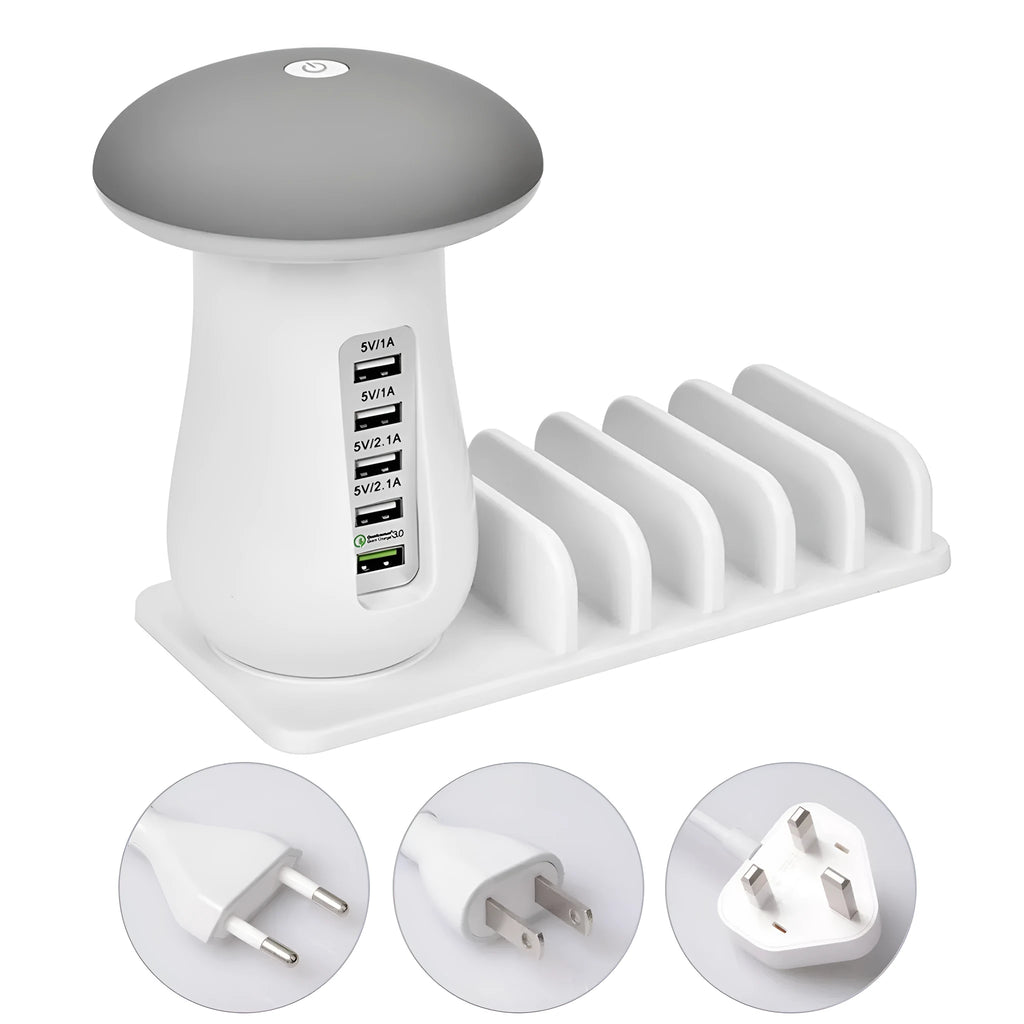 Besegad mushroom-shaped USB charging dock station with LED night light and 5 ports