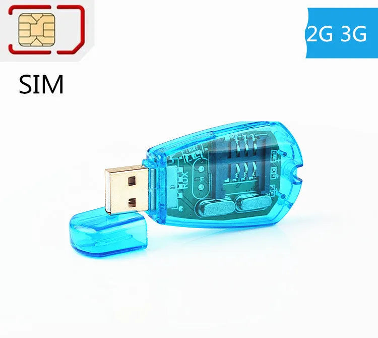 Blue USB 2.0 SIM card reader for mobile phone data backup and editing.