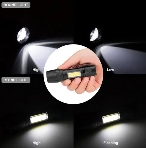Black aluminium alloy mini telescopic LED torch with zoom focus and pocket clip