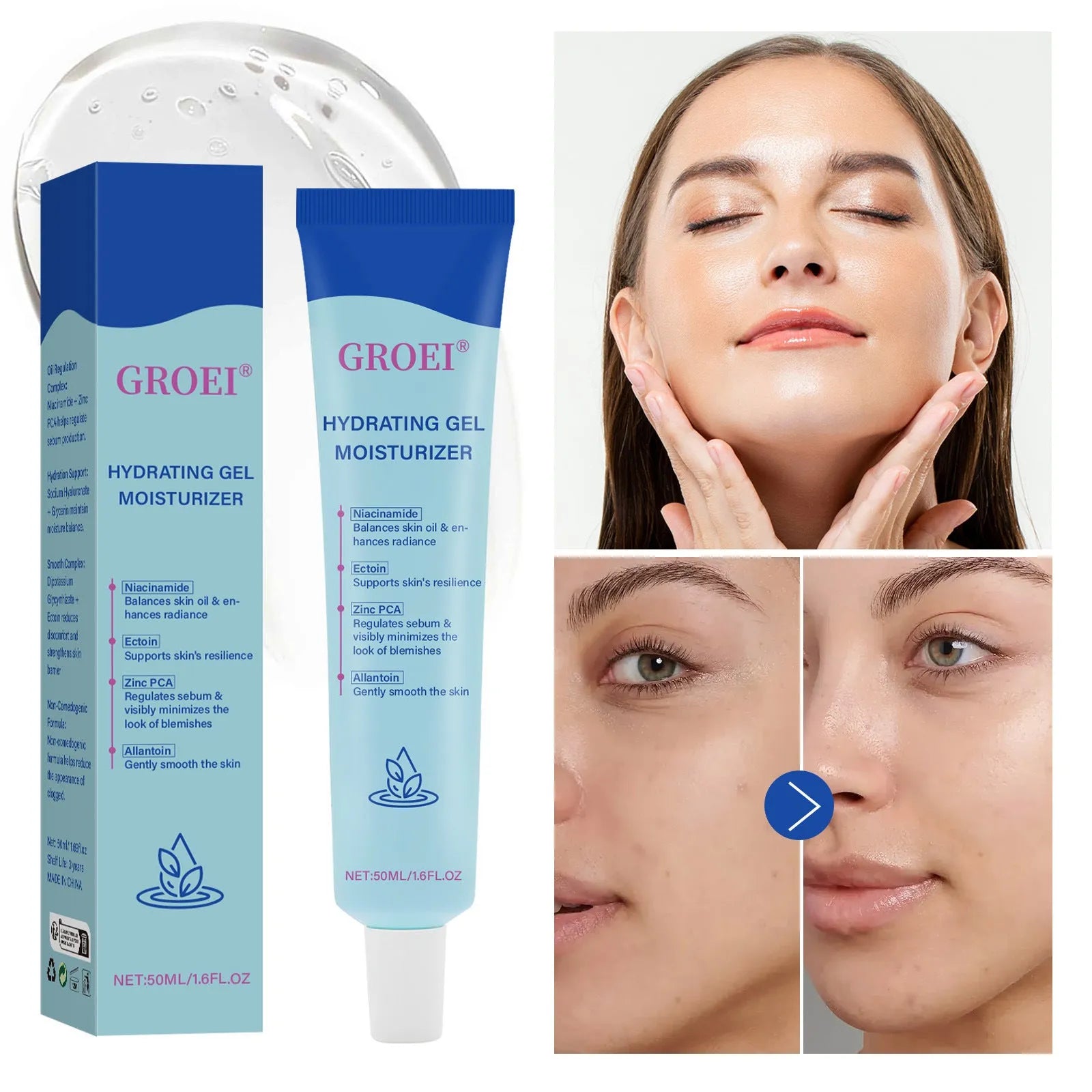 50ml tube of hyaluronic acid moisturising facial gel for skin hydration.