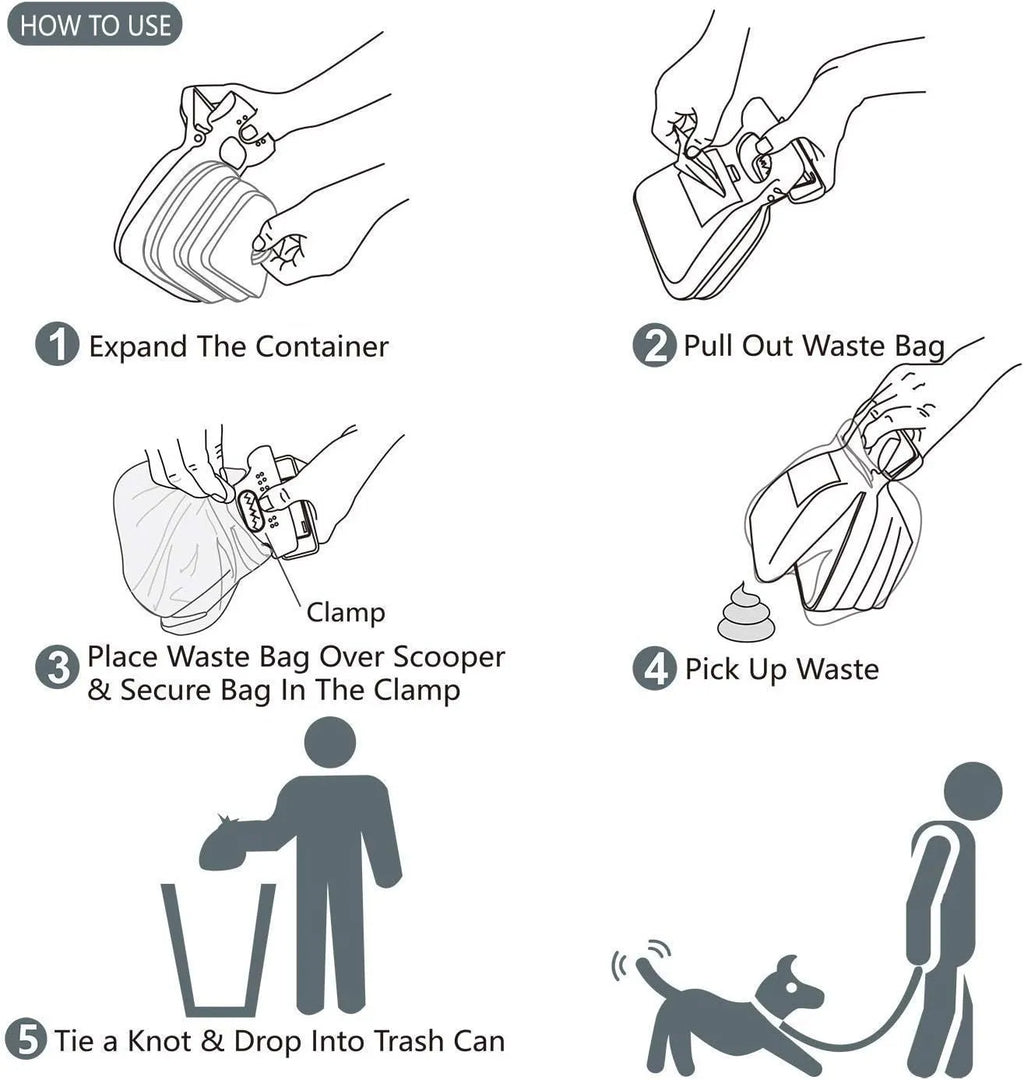 Blue portable dog pooper scooper with clip, shown with expanded waste container and bag dispenser.
