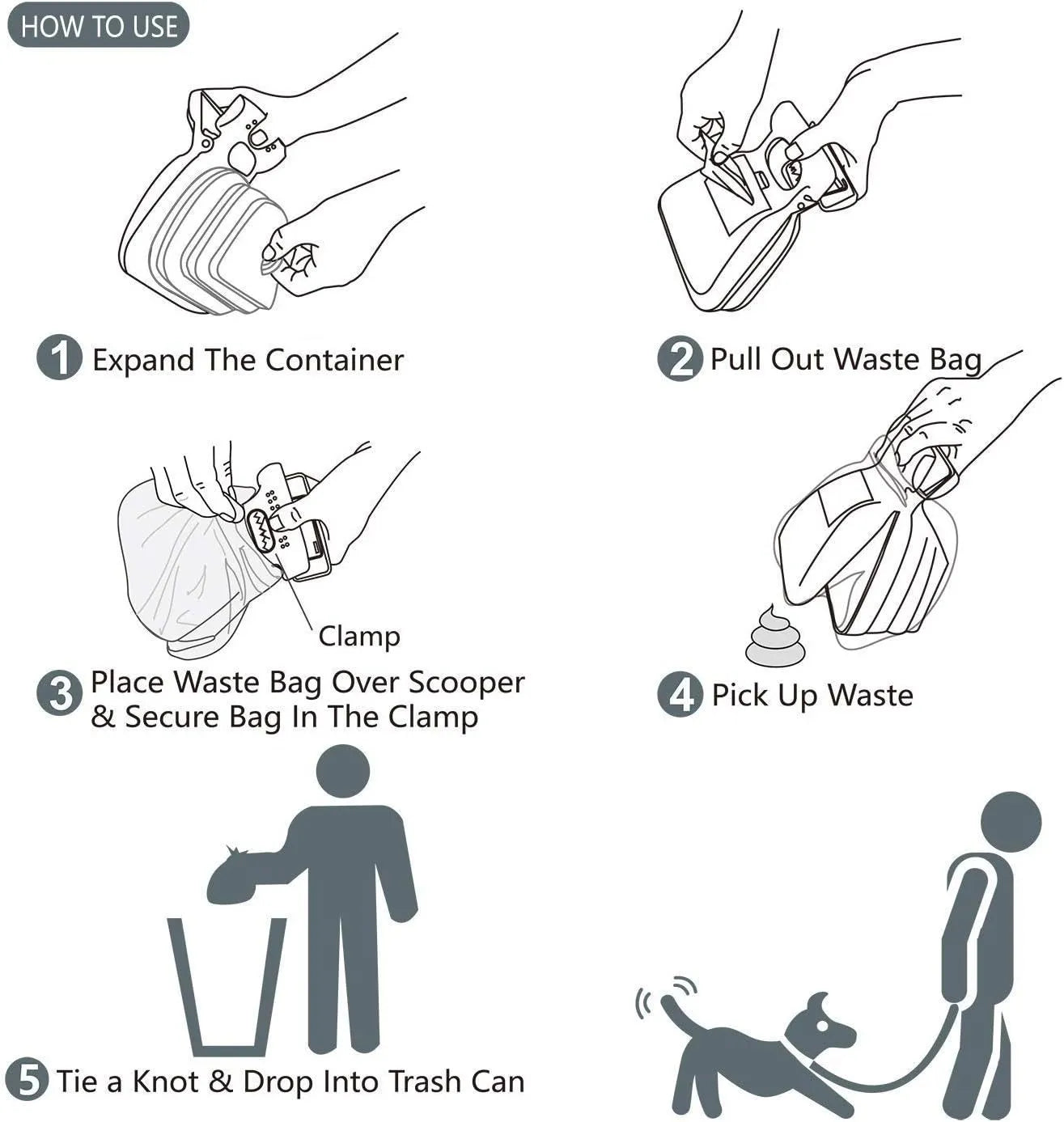 Blue portable dog pooper scooper with clip, shown with expanded waste container and bag dispenser.