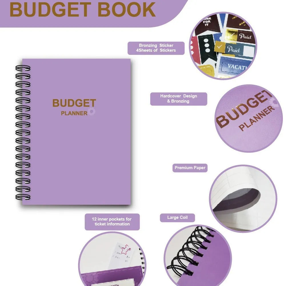 Purple coil-bound financial planning notebook with A4 dimensions for monthly budgeting
