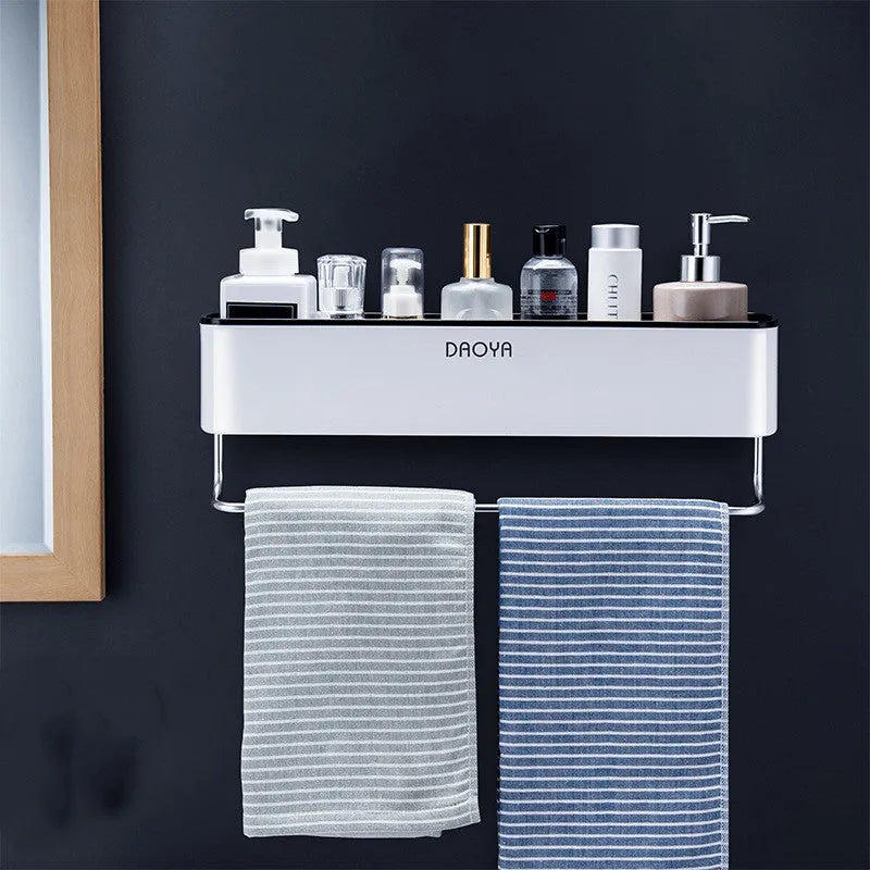 Plastic bathroom wall shelf with hole-free installation for shampoo and cosmetic storage