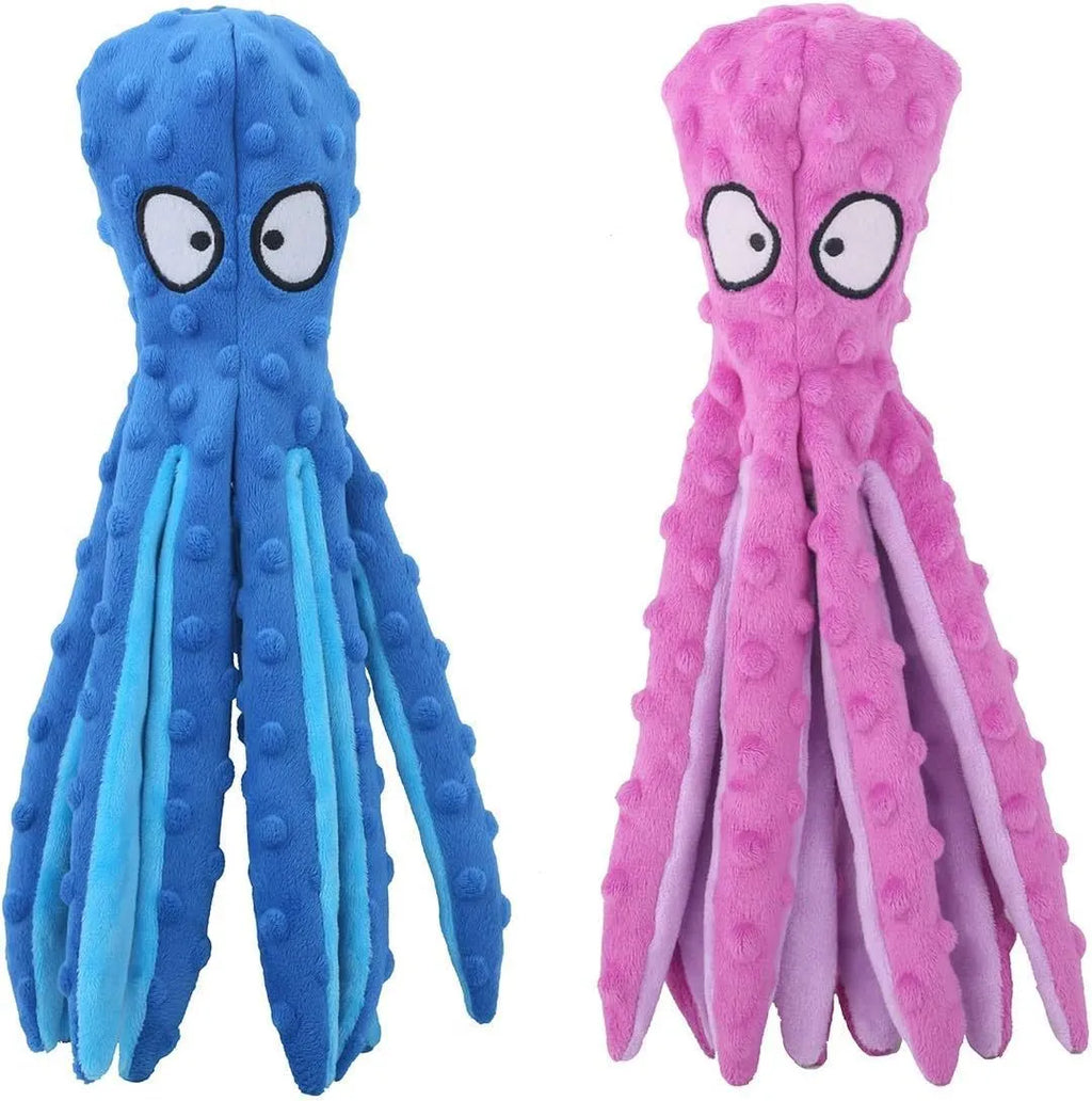 Blue, green, orange, and purple octopus-shaped dog squeaky toys with no stuffing on a white background.