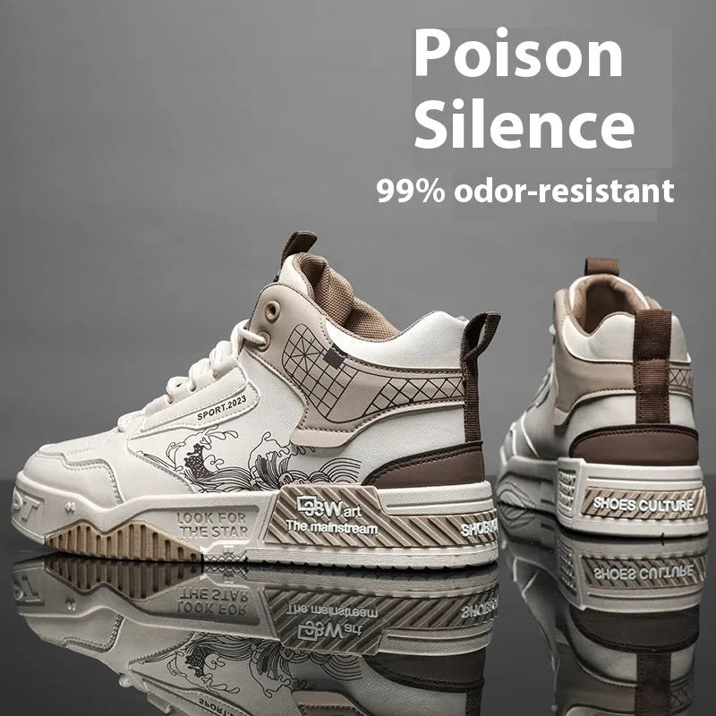 Men's beige high-top board shoes with mesh lining and flat rubber sole on a white background.