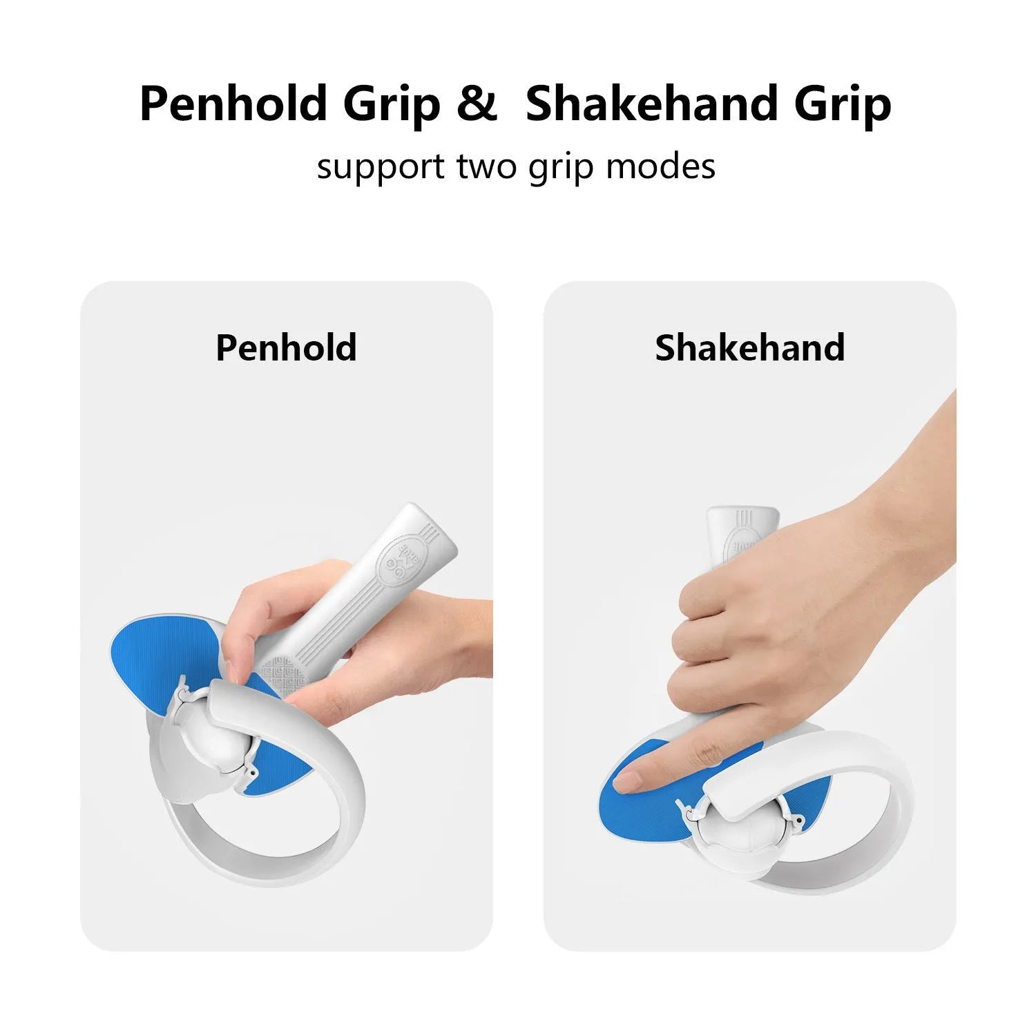Red and blue PICO 4 VR controller table tennis hand grip accessory showing plastic silicone construction
