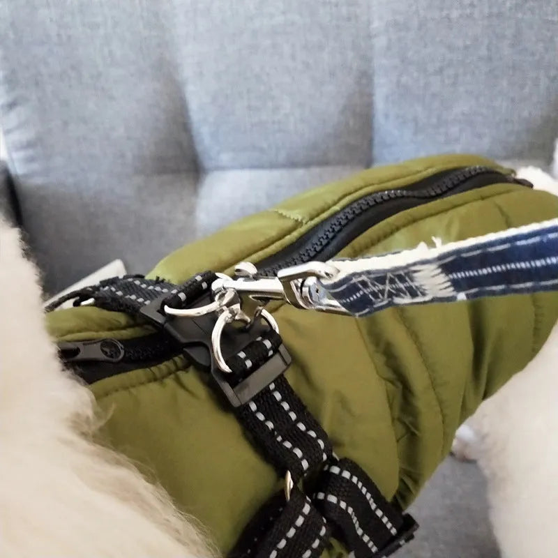 Waterproof dog coat with integrated harness in red colour on Labrador dog