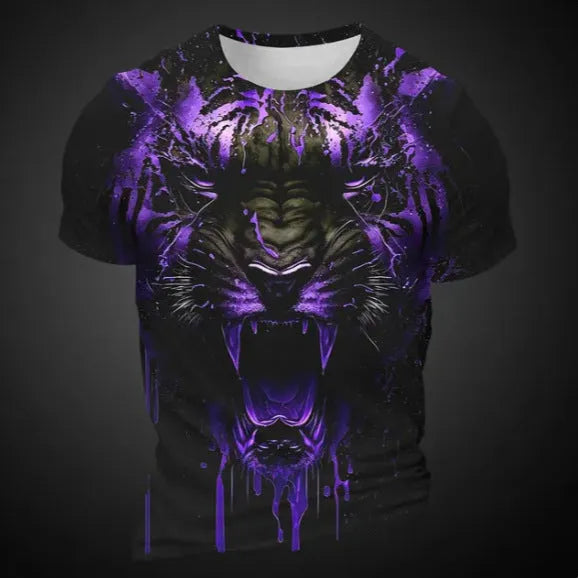 Men's grey T-shirt with a detailed 3D tiger head pattern printed on the front.