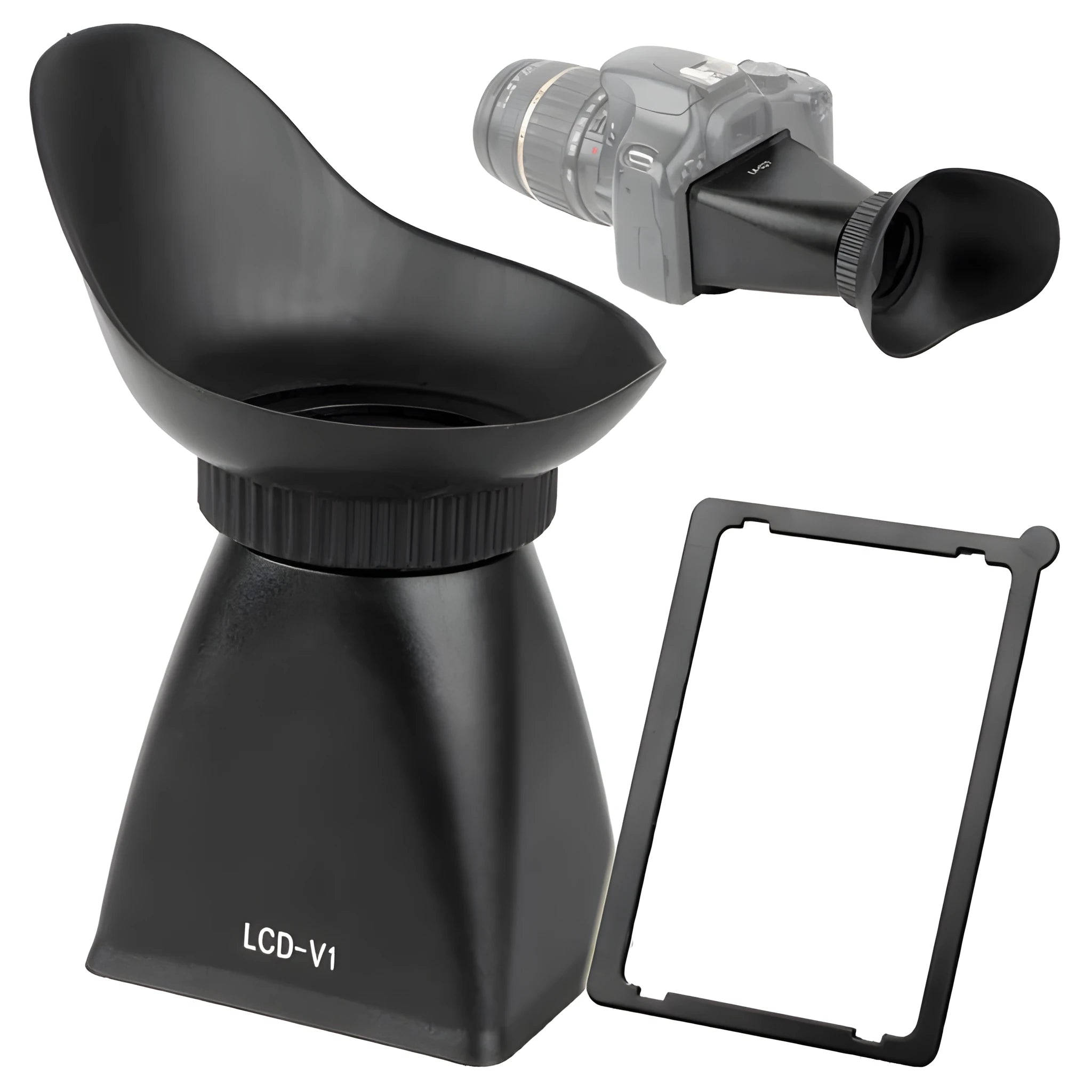Black camera LCD framing amplifier with optical lens attached to a DSLR camera.