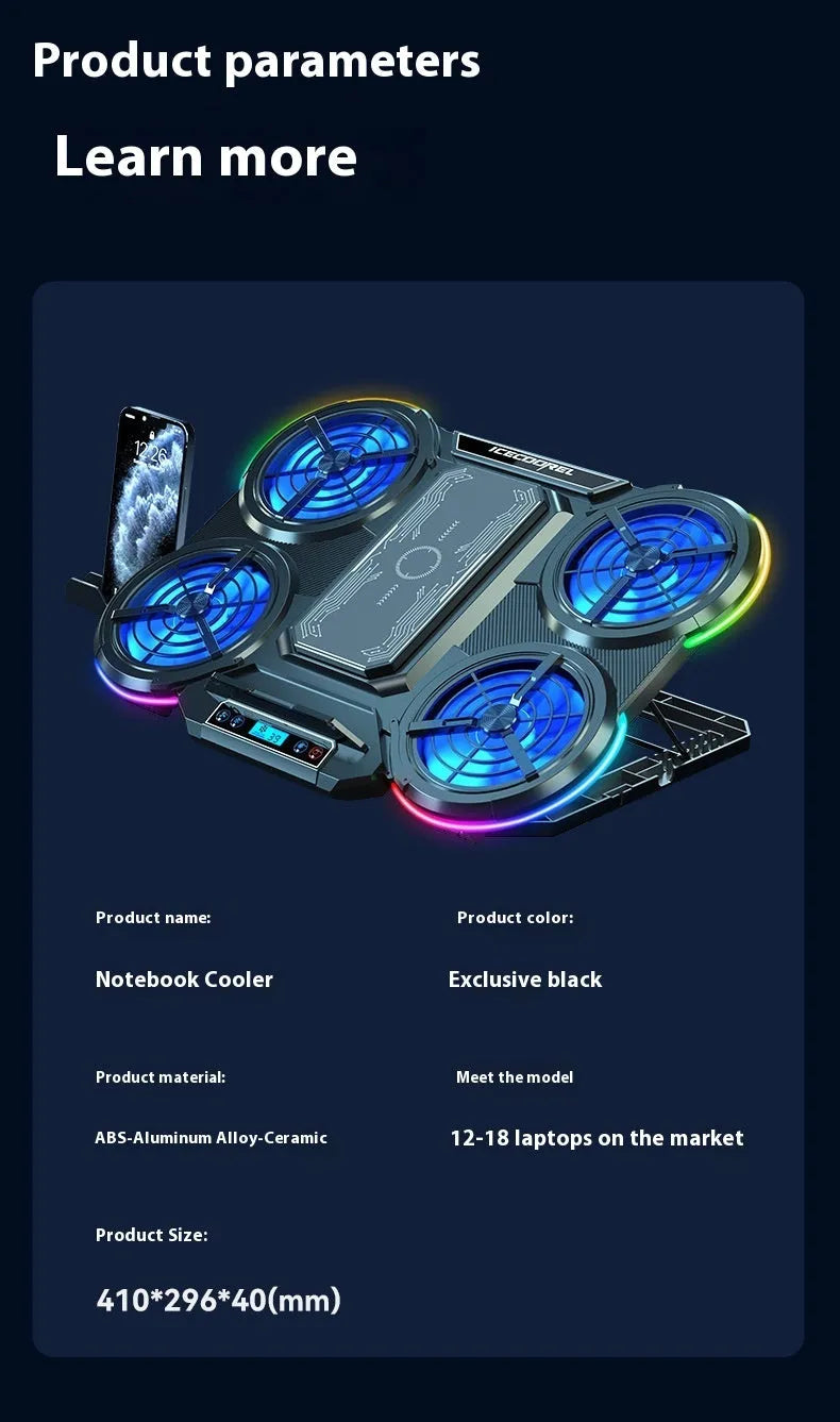 Notebook Play Speed 4-core laptop cooler in black with RGB lighting and blue light white leaf fan on a desk