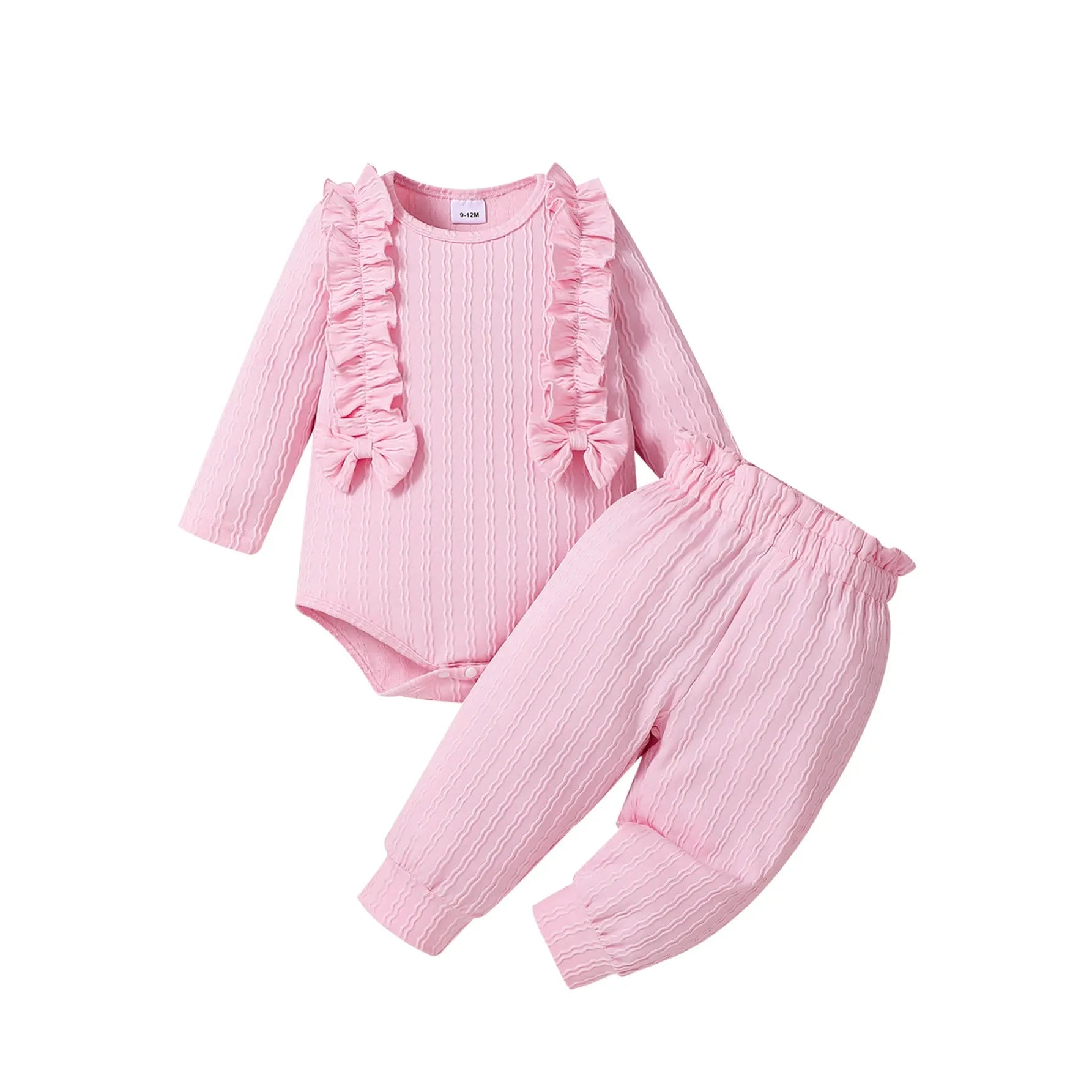 Pink baby girl three-piece set with ribbed frill long sleeve romper, pants, and matching headscarf on white background